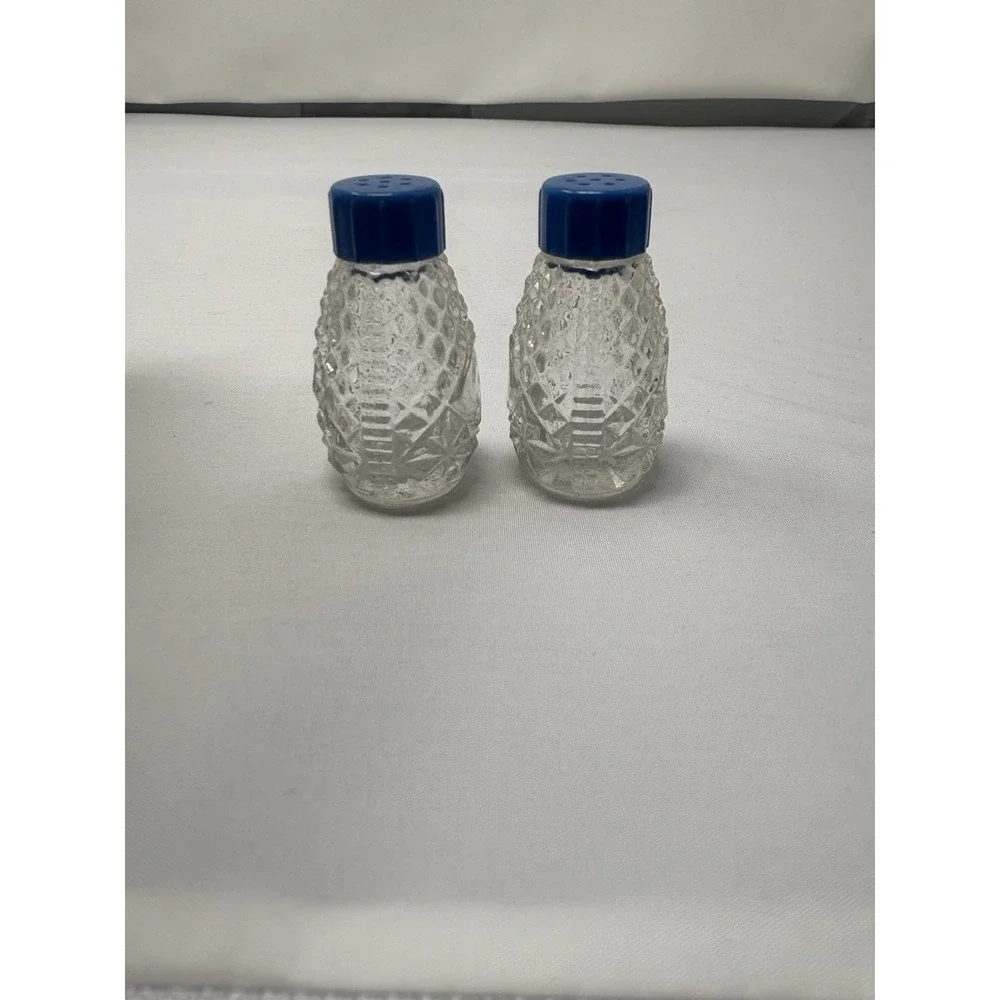 Blue Vintage Mini Individual Glass Salt And Pepper Shakers, Bakelite Lids 1930s